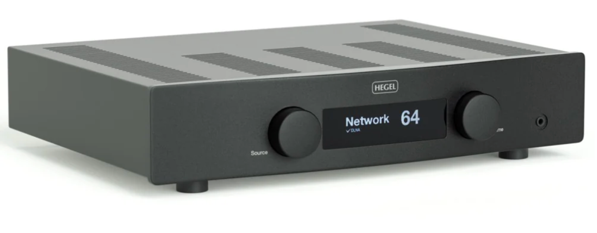 Hegel H120 Integrated Amplifier in Black.  Front of unit, angled view