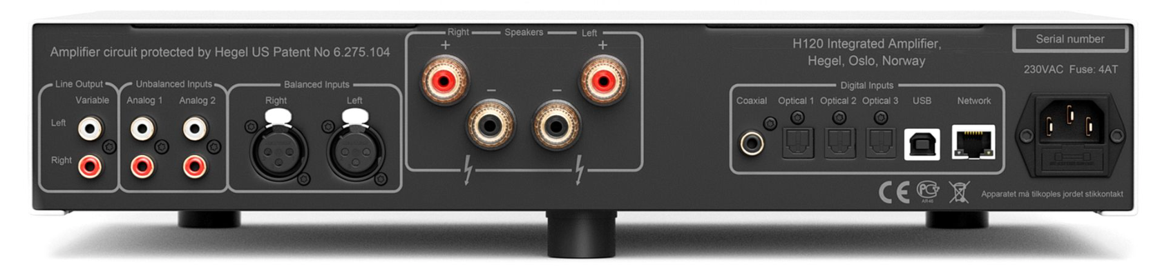 Hegel H120 Integrated Amplifier in white.  Back of unit