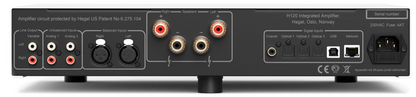 Hegel H120 Integrated Amplifier in white.  Back of unit