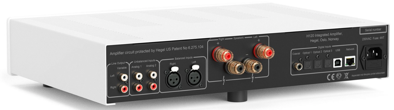 Hegel H120 Integrated Amplifier in white.  Back, angled view 
