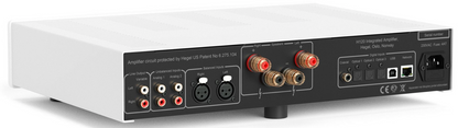 Hegel H120 Integrated Amplifier in white.  Back, angled view 