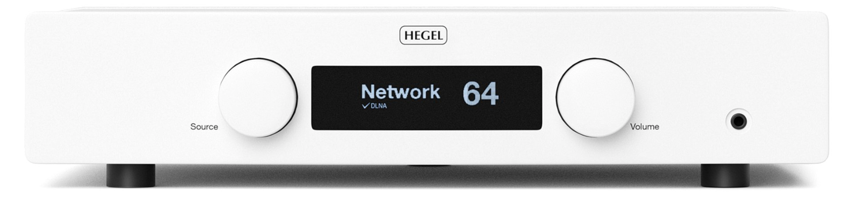 Hegel H120 Integrated Amplifier in white.  Front of unit