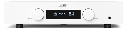 Hegel H120 Integrated Amplifier in white.  Front of unit