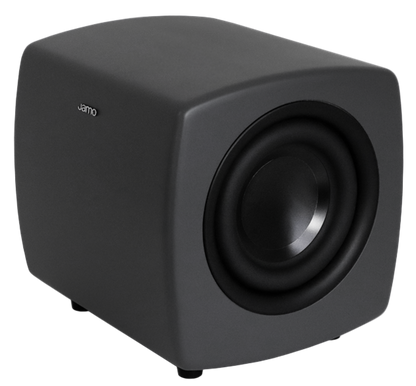 Jamo Cube Compact Powered Subwoofer, Grey angled