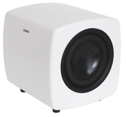 Jamo Cube Compact Powered Subwoofer, white angled image