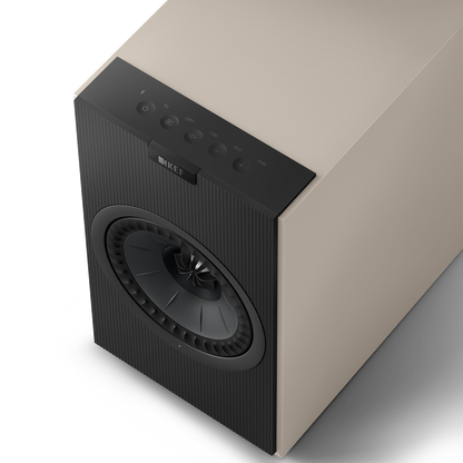 KEF Coda W Active Speakers in Nickel Grey.  Top of speaker with controls shown