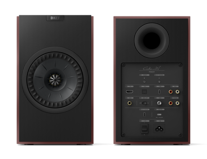 KEF Coda W Active Speakers in Vintage Burgundy. Front and back of speakers
