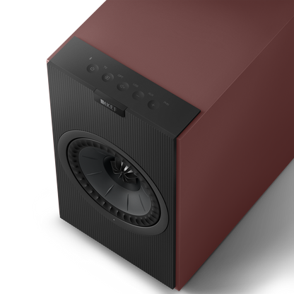 KEF Coda W Active Speakers in Vintage Burgundy, top of speaker with controls shown