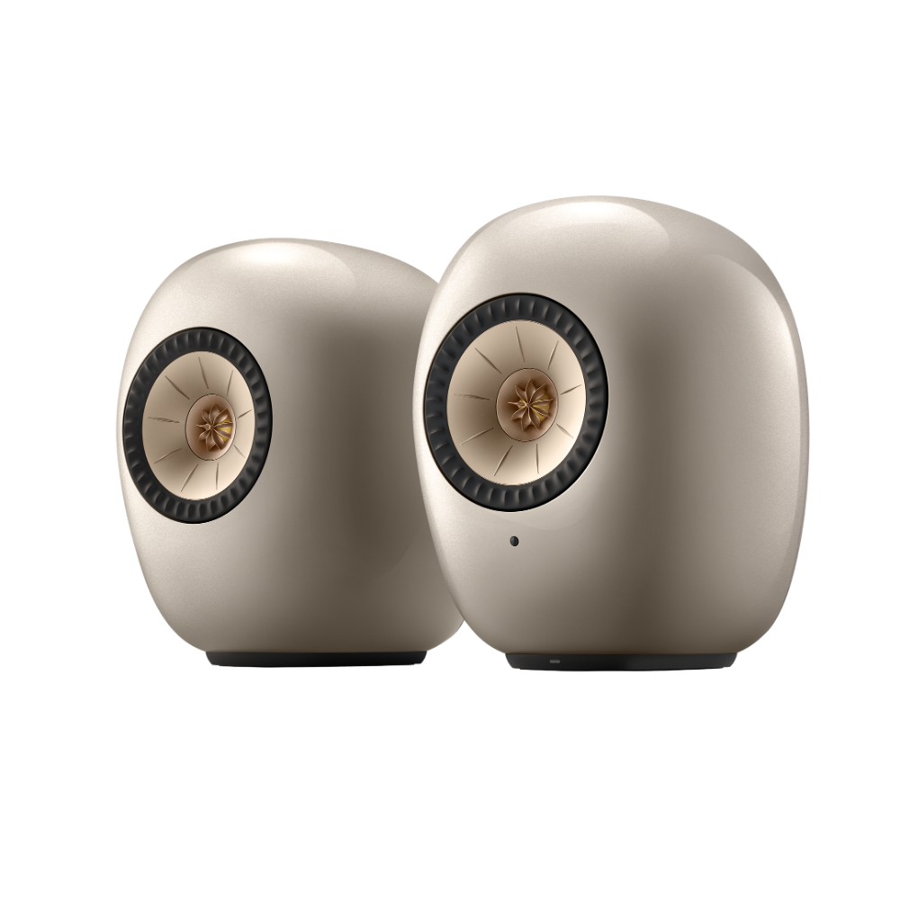 KEF LS Luxe Active Wireless Bookshelf Speaker pair in Dusk Titanium, angled
