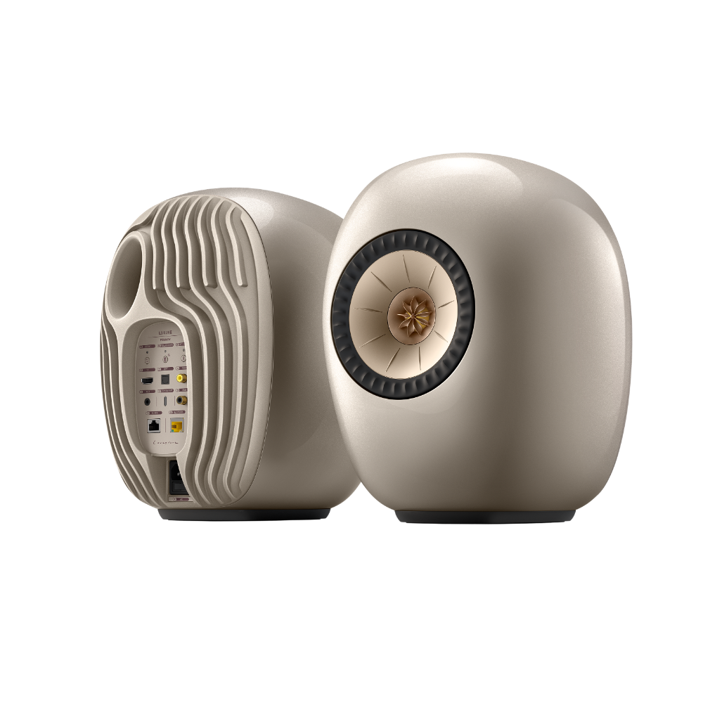 KEF LS Luxe Active Wireless Bookshelf Speaker pair in Dusk Titanium, angled, back and front shown 