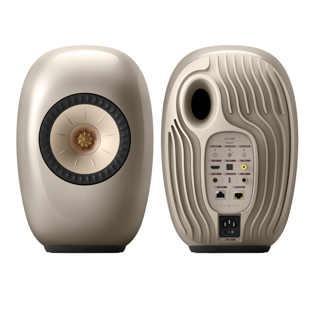 KEF LS Luxe Active Wireless Bookshelf Speaker pair in Dusk Titanium, front and back 