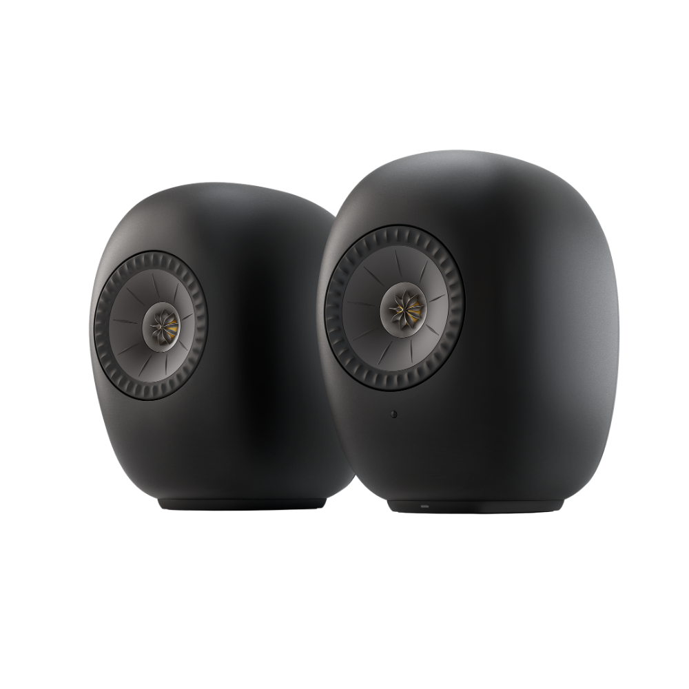KEF LS Luxe Active Wireless Bookshelf Speaker pair in Eclipse Black, pair, angled view 