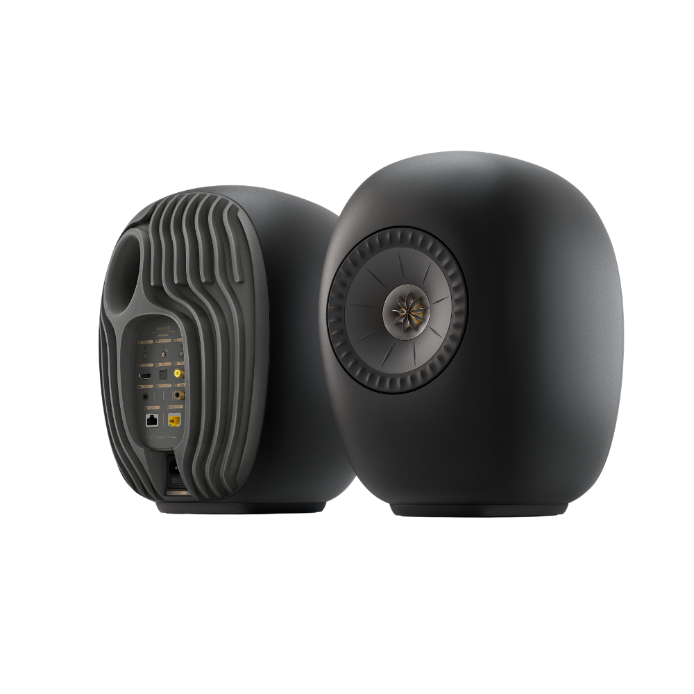 KEF LS Luxe Active Wireless Bookshelf Speaker pair in Eclipse Black, pair, angled view back and front