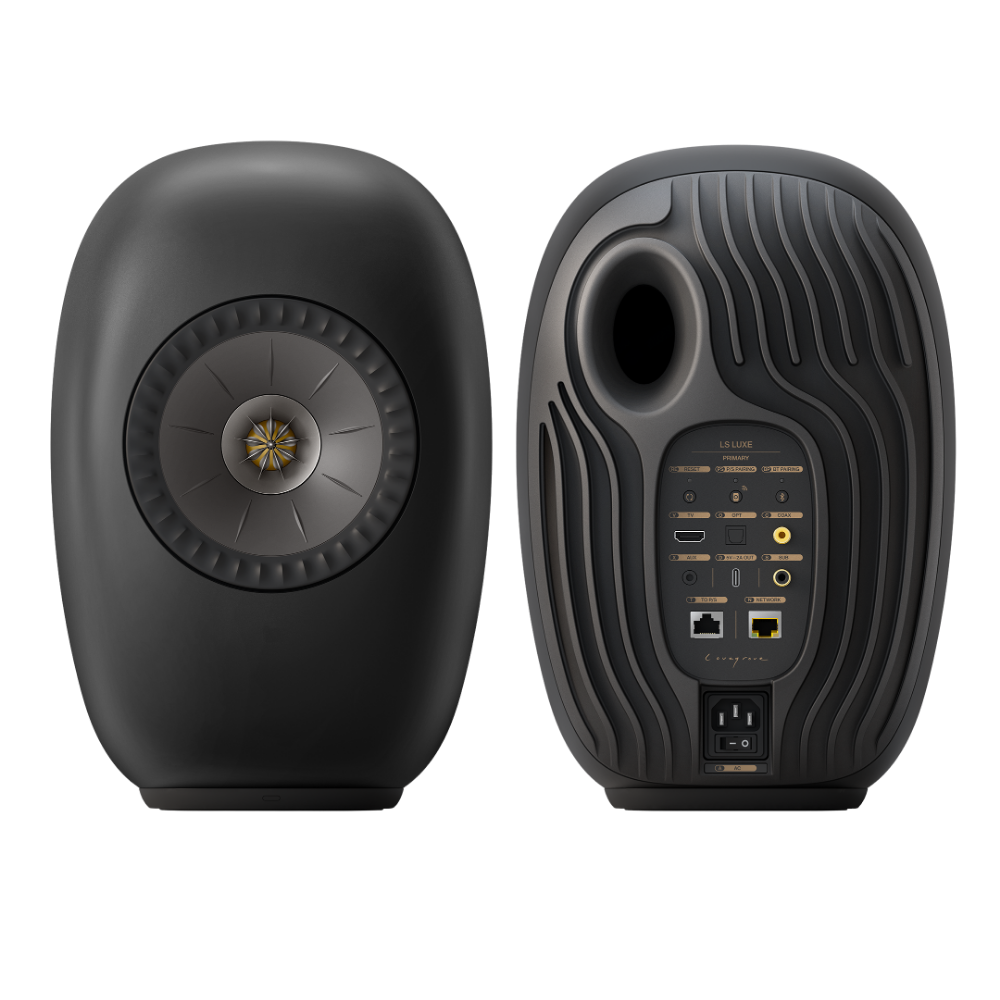 KEF LS Luxe Active Wireless Bookshelf Speaker pair in Eclipse Black, pair, front and back 