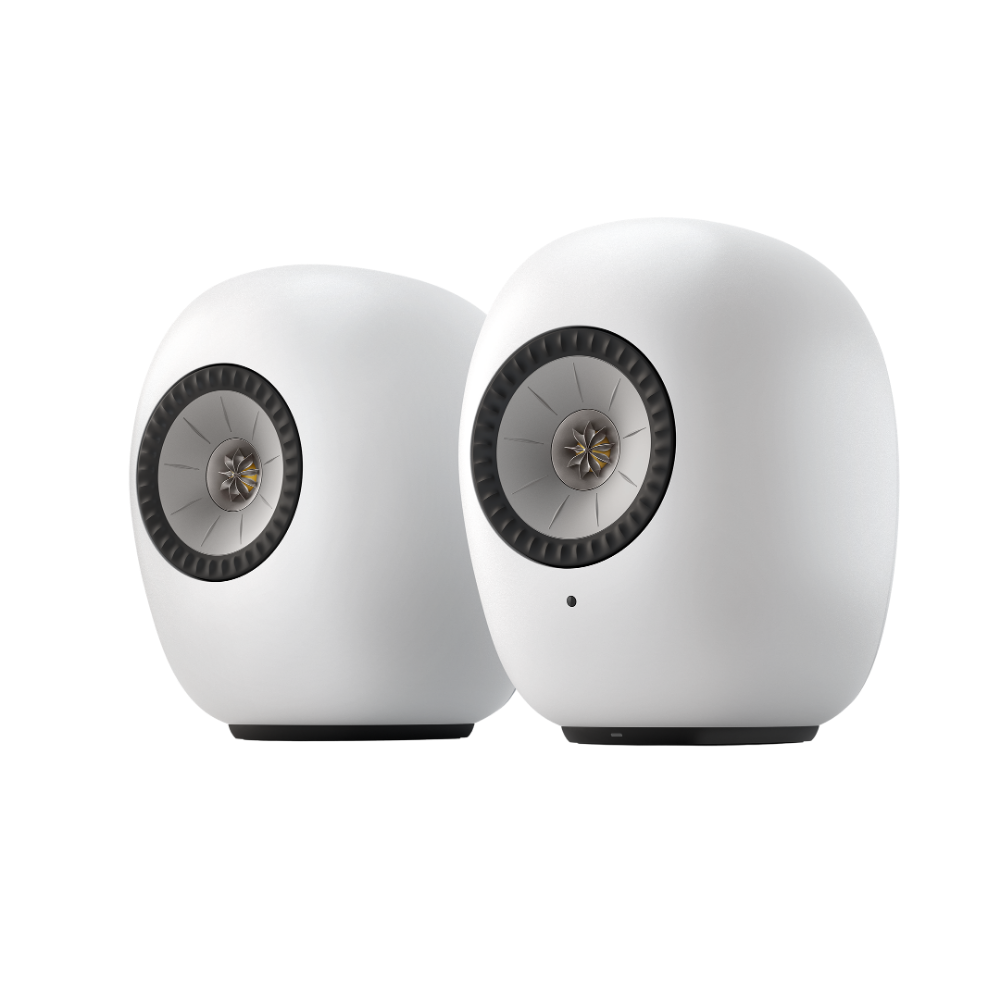 KEF LS Luxe Active Wireless Bookshelf Speaker pair in Mineral White, pair, angled view 