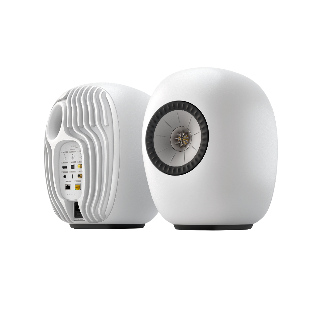 KEF LS Luxe Active Wireless Bookshelf Speaker pair in Mineral White, pair, angled, back and front shown