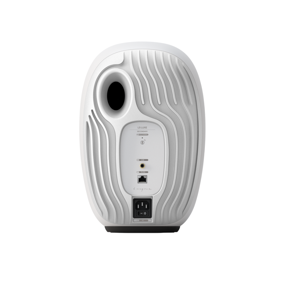KEF LS Luxe Active Wireless Bookshelf Speaker in Mineral White, rear of speaker