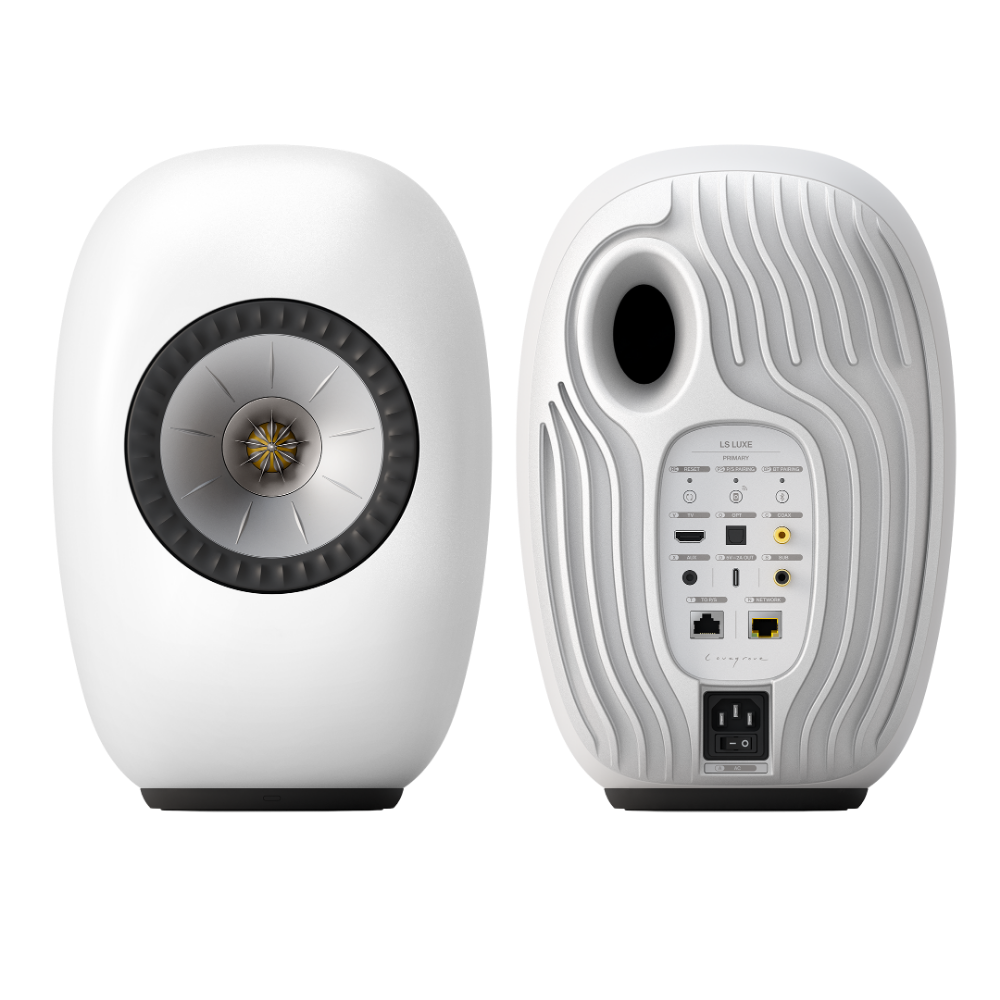 KEF LS Luxe Active Wireless Bookshelf Speaker pair in Mineral White, pair, front and back
