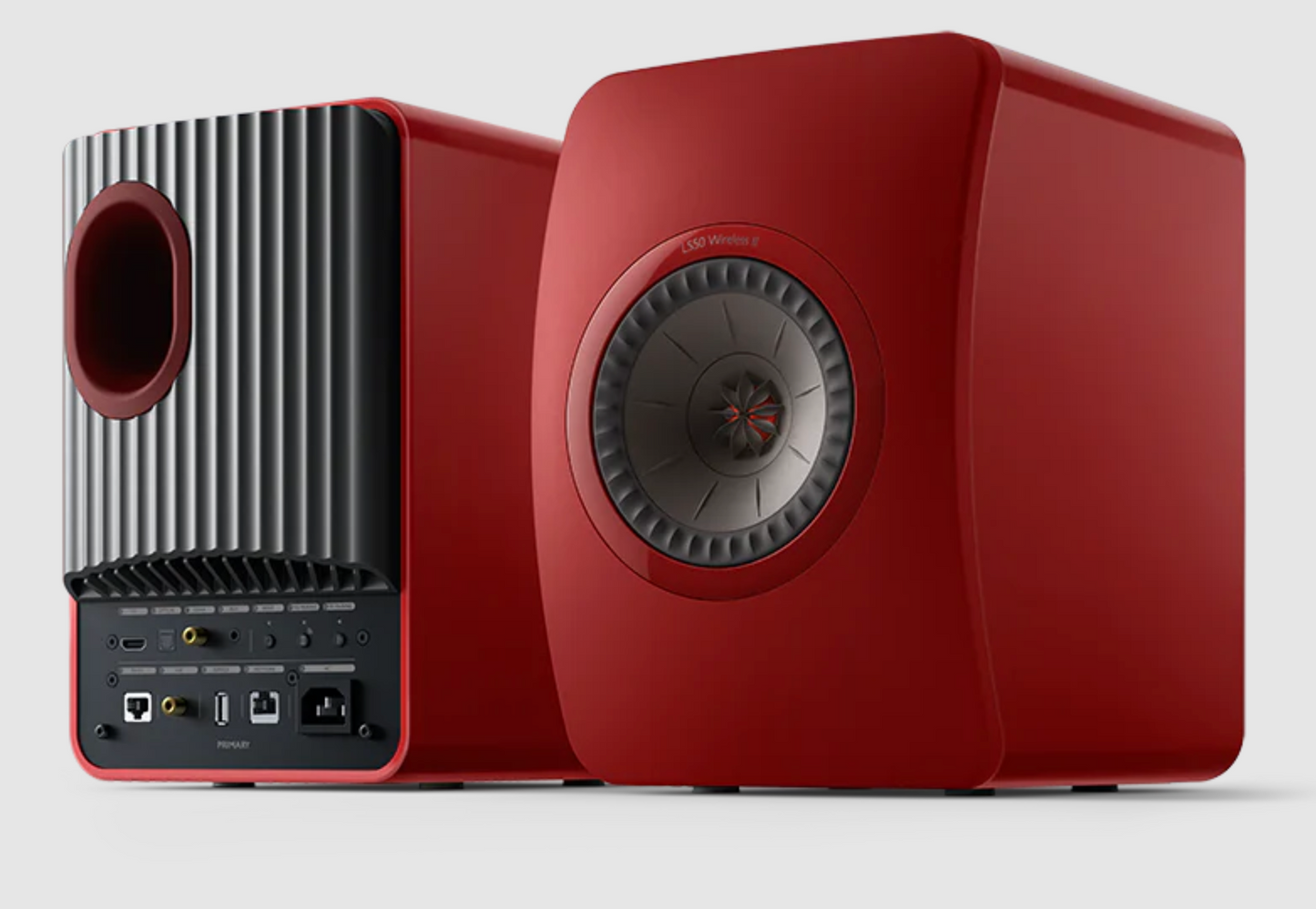 KEF LS50 Wireless II Speakers in Crimson Red, Special Edition. Front and back
