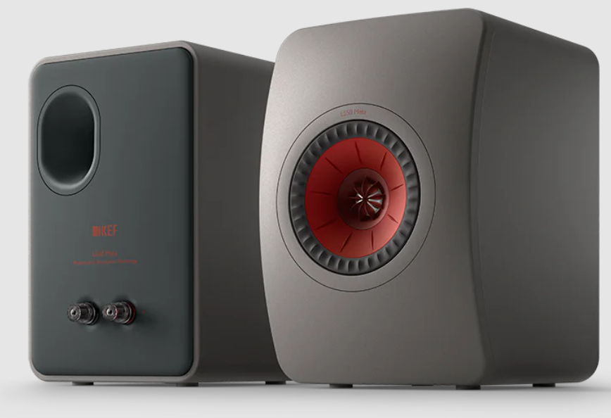 KEF LS50 Meta Passive bookself speakers - front and back image in titanium