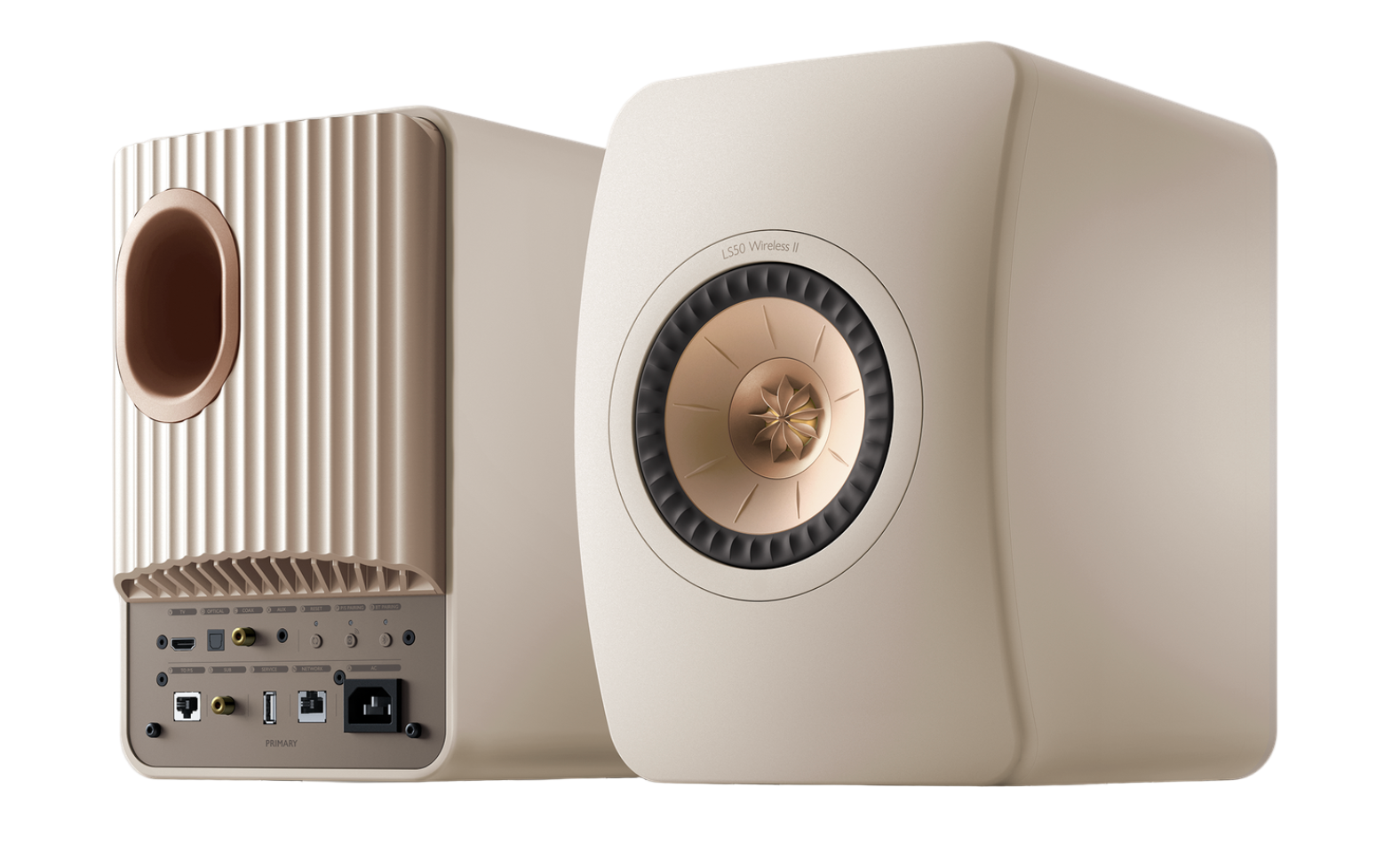 KEF LS50 Wireless II Speakers in Sand Shell pair, back and front