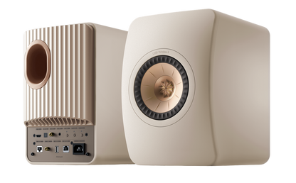 KEF LS50 Wireless II Speakers in Sand Shell pair, back and front