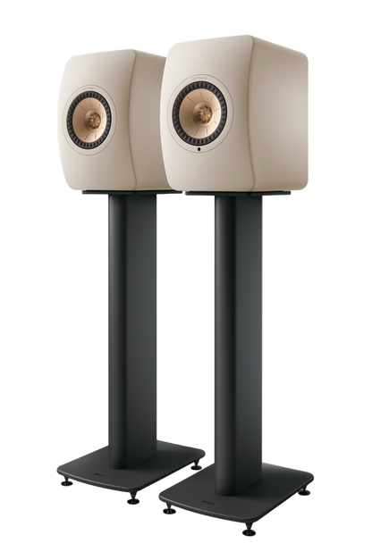 KEF LS50 Wireless II Speakers in Sand Shell pair, mounted on stands.  Sold separately 