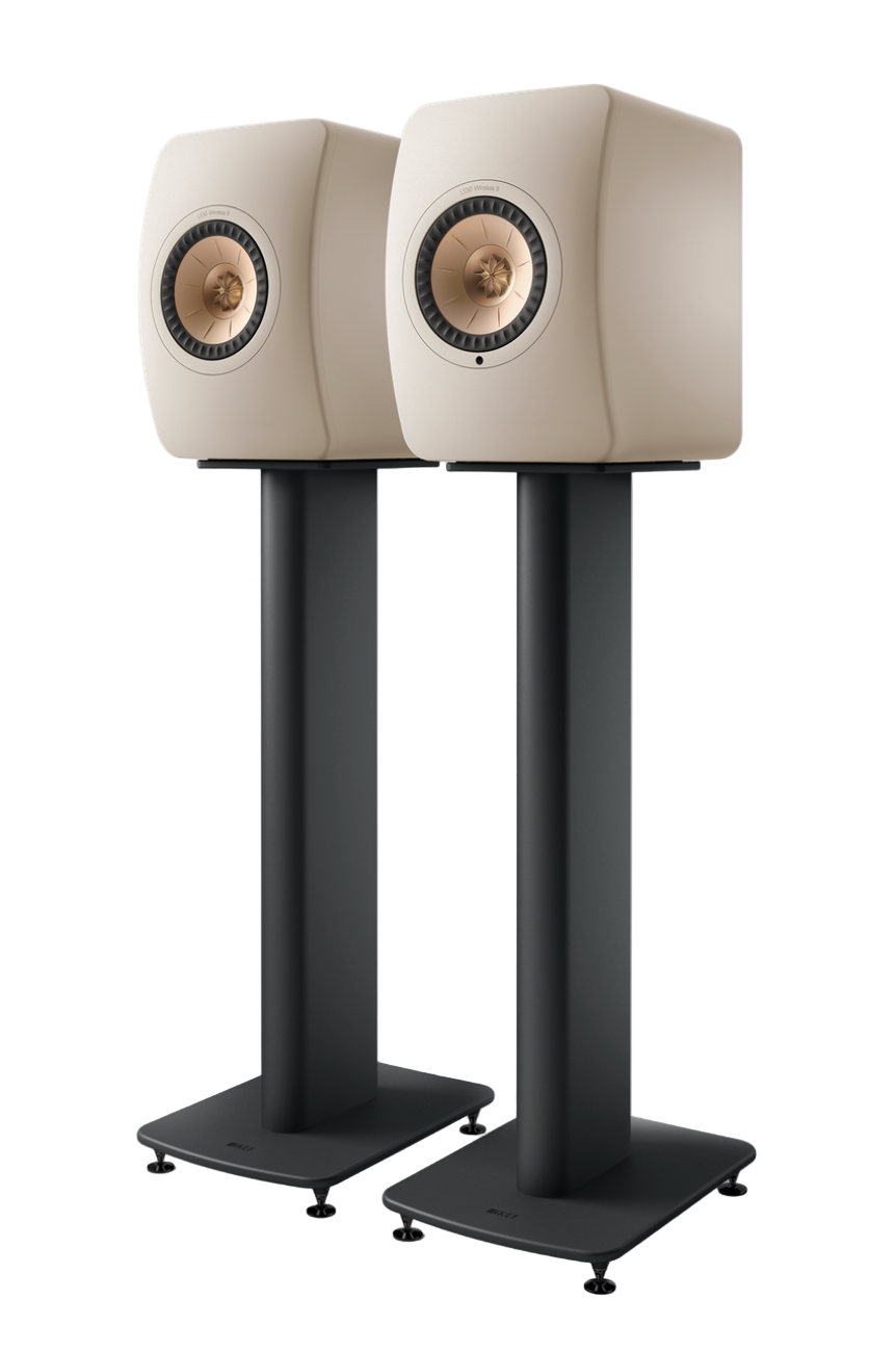 KEF LS50 Wireless II Speakers in Sand Shell pair, mounted on stands.  Sold separately 