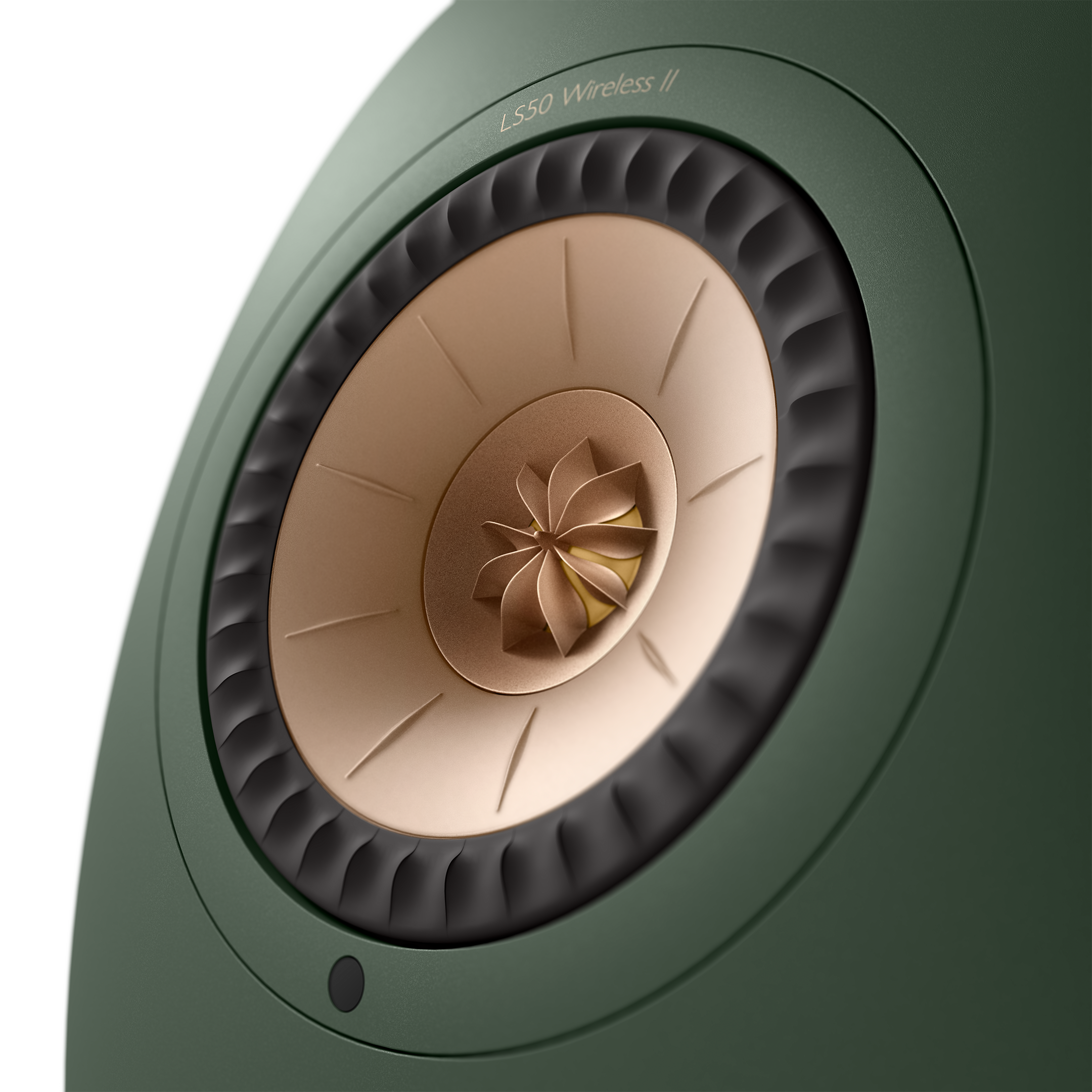KEF LS50 Wireless II Speakers in Moss Green individual speaker, tweeter closeup