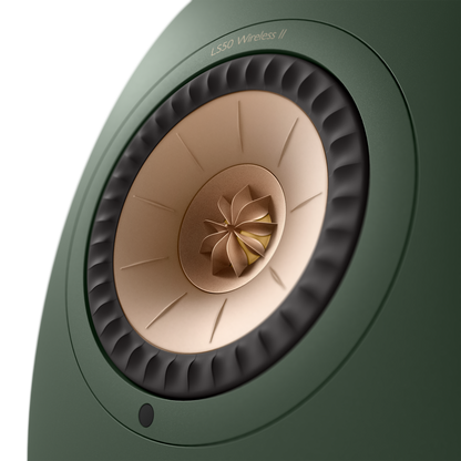 KEF LS50 Wireless II Speakers in Moss Green individual speaker, tweeter closeup