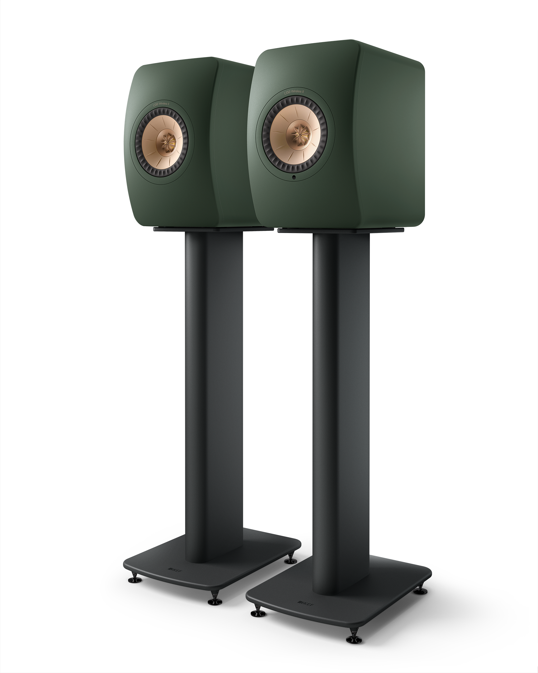 KEF LS50 Wireless II Speakers in Moss Green pair mounted on stands which are sold separately