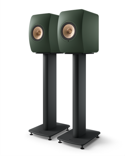 KEF LS50 Wireless II Speakers in Moss Green pair mounted on stands which are sold separately