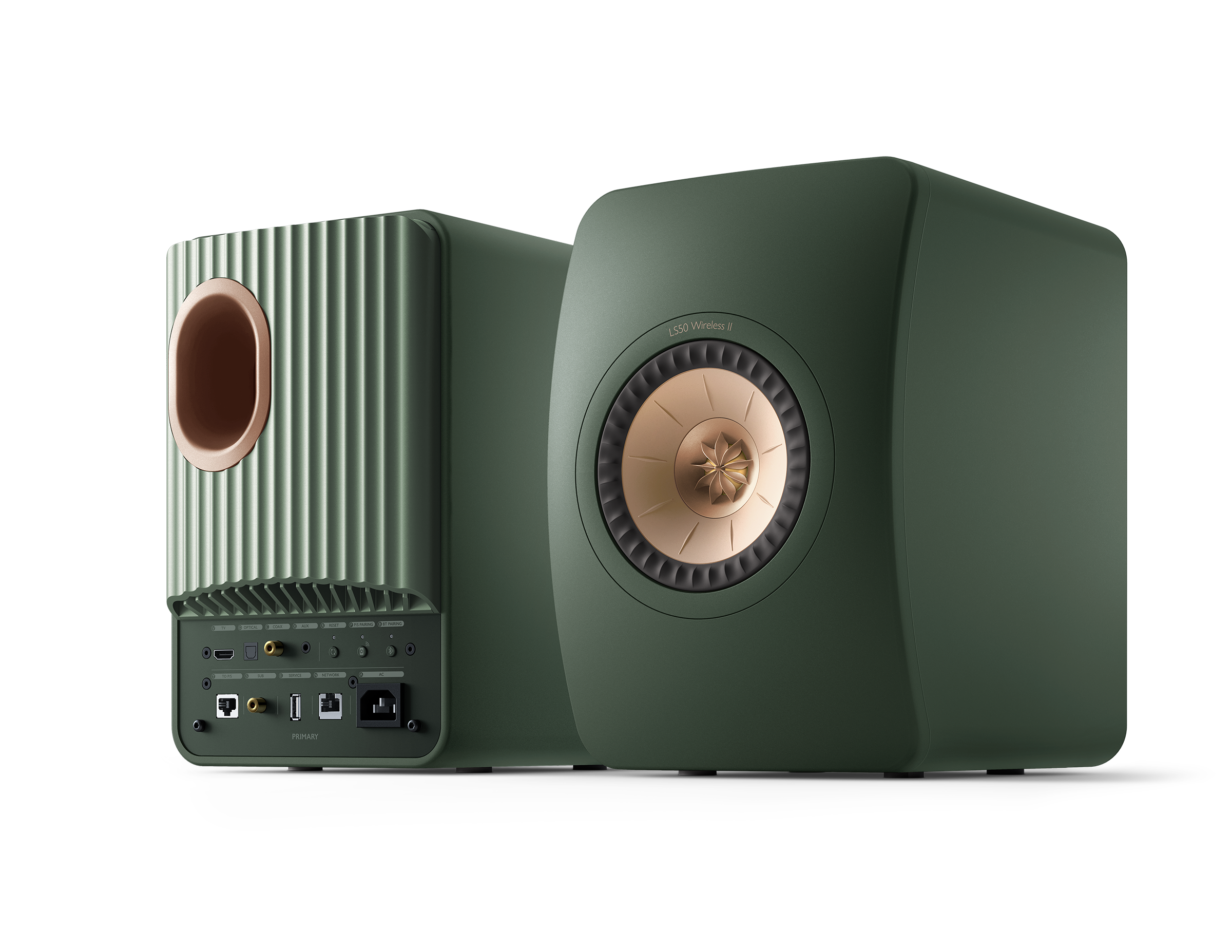 KEF LS50 Wireless II Speakers in Moss Green pair, back and front