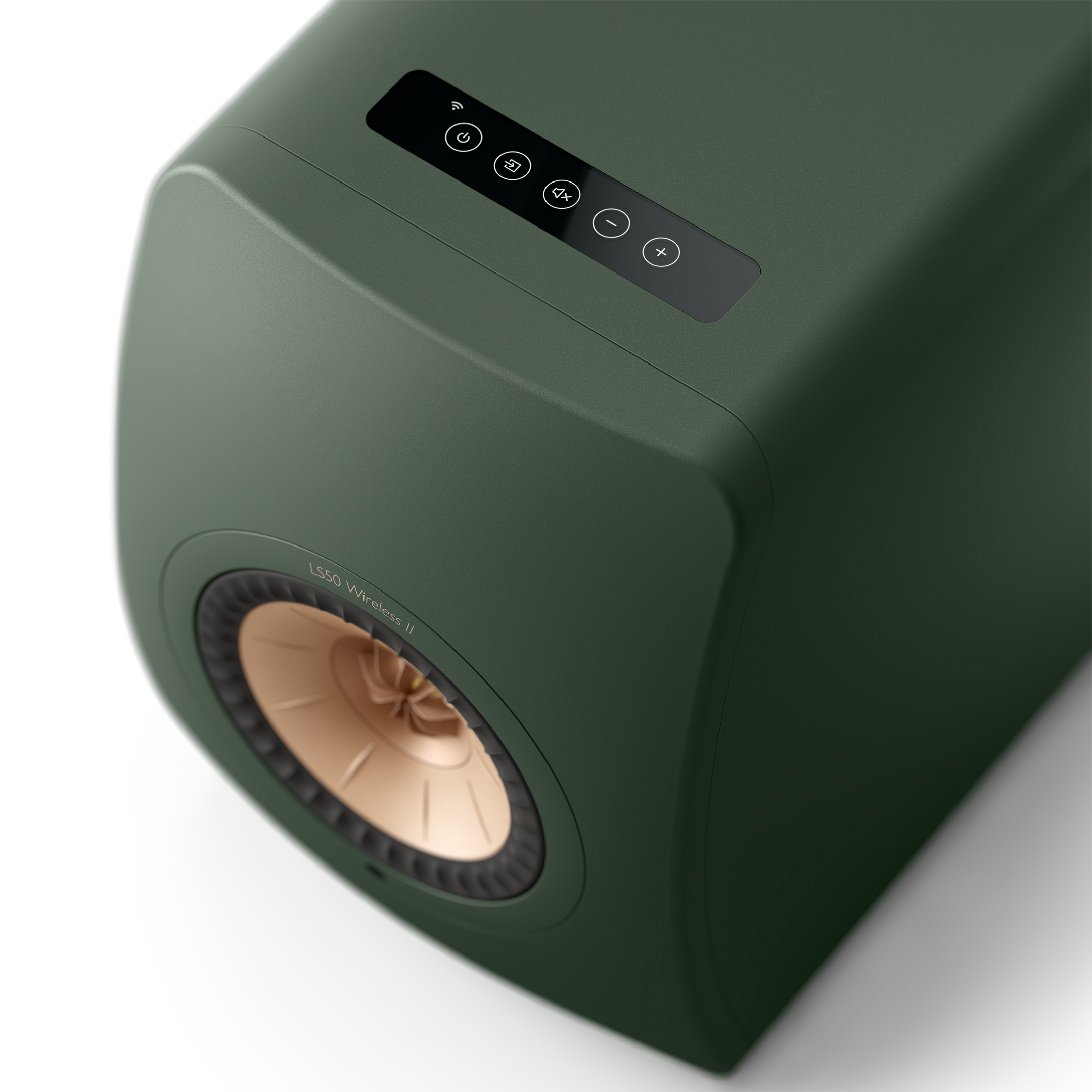 KEF LS50 Wireless II Speakers in Moss Green individual speaker, top controls
