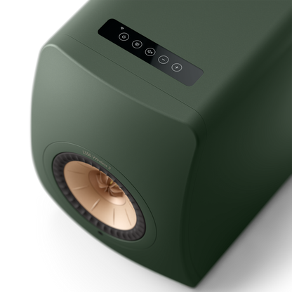 KEF LS50 Wireless II Speakers in Moss Green individual speaker, top controls