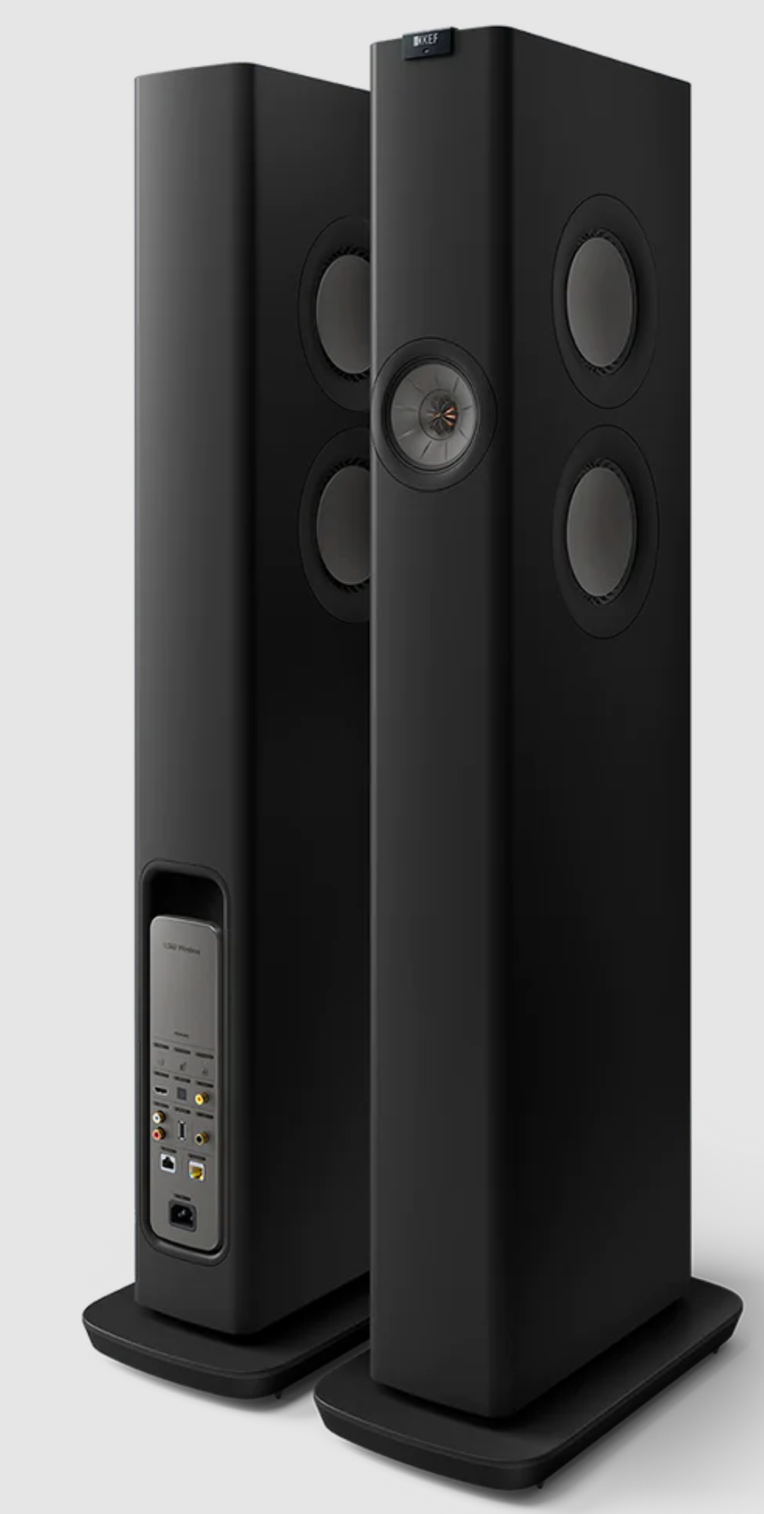 KEF LS60 Wireless Floorstanding Speakers Speakers in Carbon Black - rear and front image