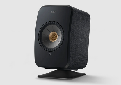 KEF LSX II LT Wireless Bookshelf Speakers  in Graphite Gray with P1 Desk Pad