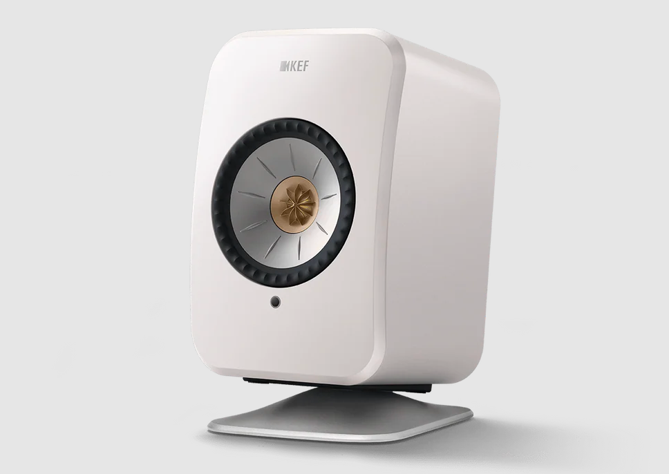 KEF LSX II LT Wireless Bookshelf Speakers  in Stone White with P1 Desk Pad