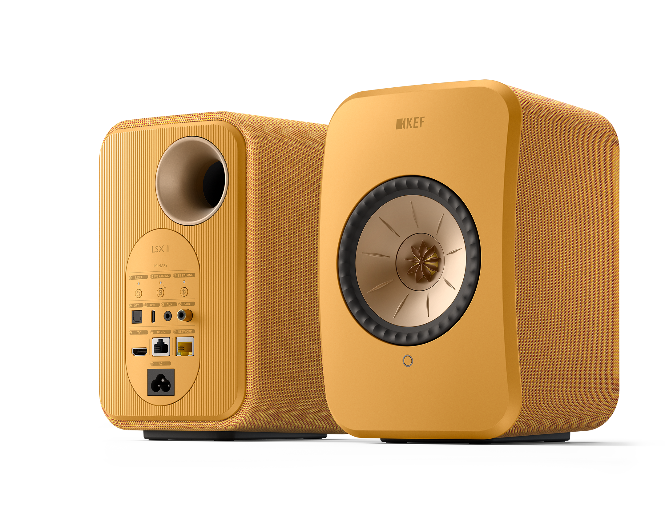 KEF LSX II Wireless Powered Bookshelf Speakers in Amber Haze. Back and Front, angled 