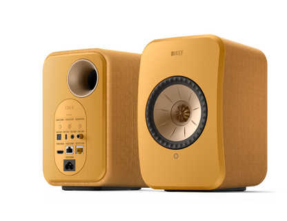 KEF LSX II Wireless Powered Bookshelf Speakers in Amber Haze. Back and Front, angled 