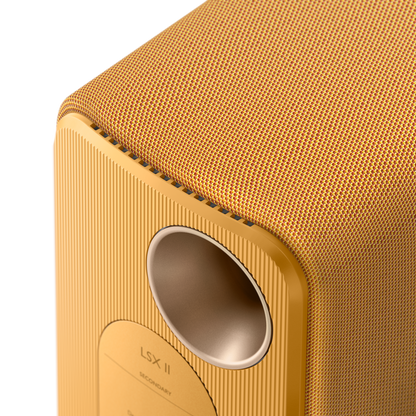 KEF LSX II Wireless Powered Bookshelf Speakers in Amber Haze. Back detail closeup