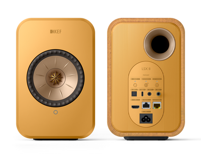 KEF LSX II Wireless Powered Bookshelf Speakers in Amber Haze. Front and back 