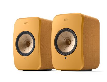 KEF LSX II Wireless Powered Bookshelf Speakers in Amber Haze. Front, angled 