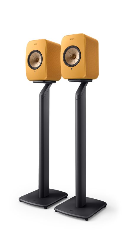 KEF LSX II Wireless Powered Bookshelf Speakers in Amber Haze. On stands, sold separately