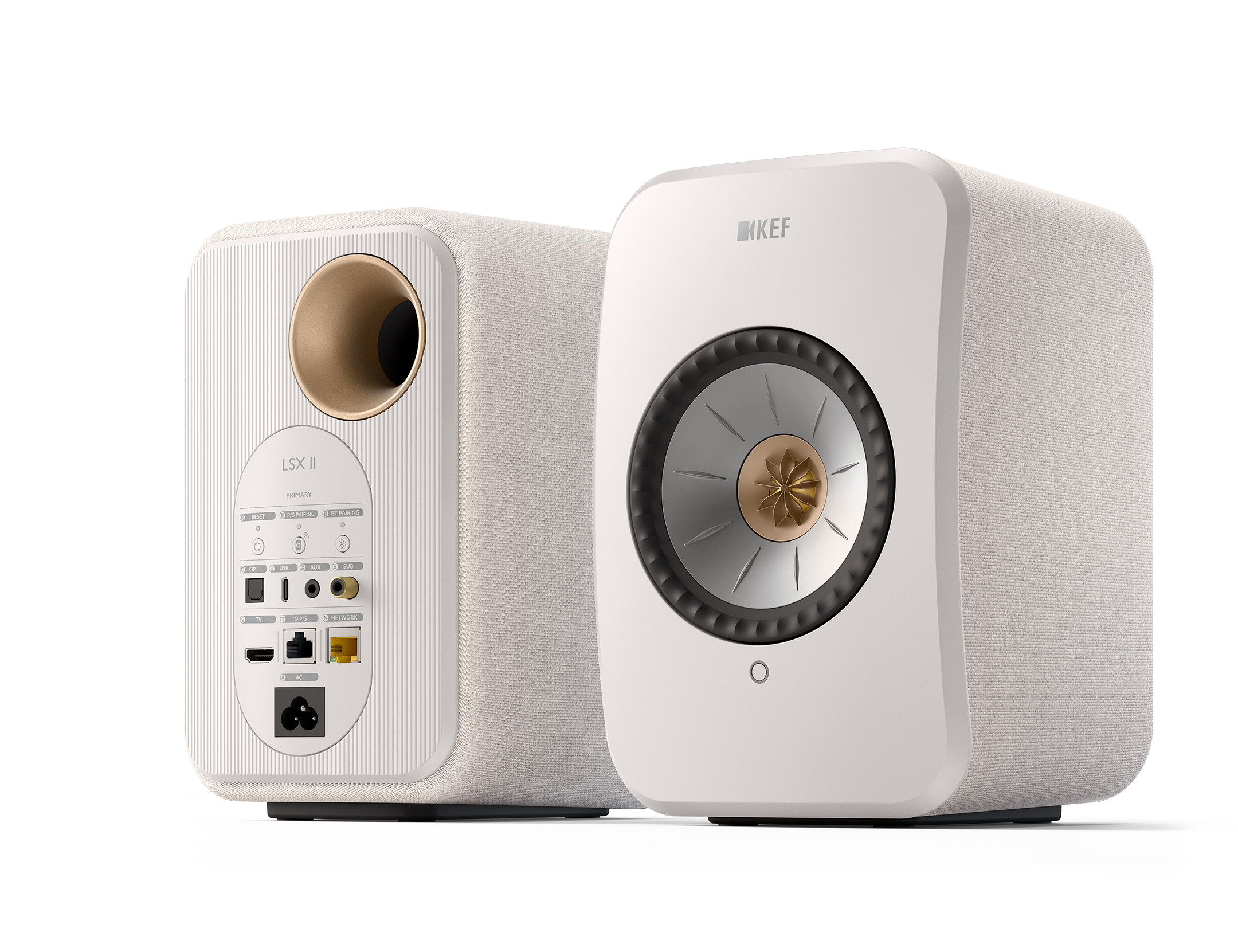 KEF LSX II Wireless Powered Bookshelf Speakers in Cotton White. Back and Front, angled