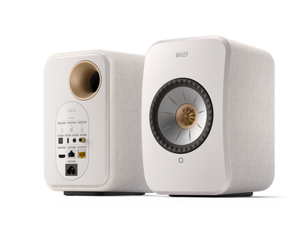 KEF LSX II Wireless Powered Bookshelf Speakers in Cotton White. Back and Front, angled