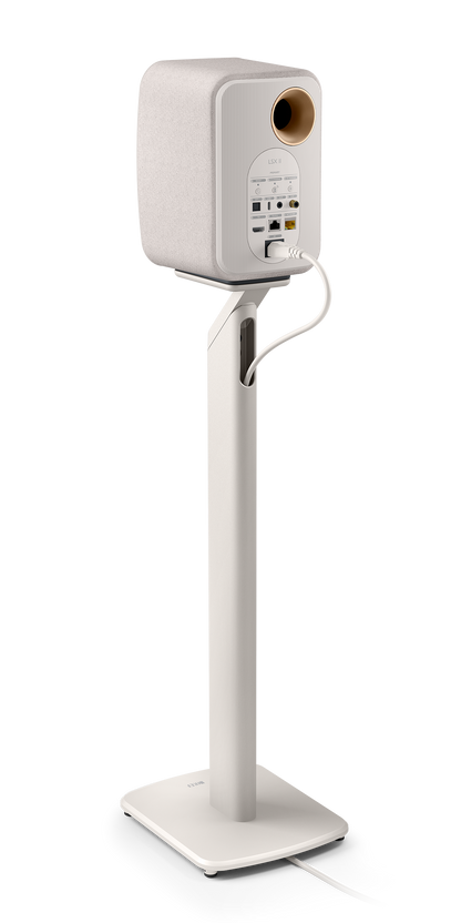 KEF LSX II Wireless Powered Bookshelf Speakers in Cotton White. on stand which is sold separately