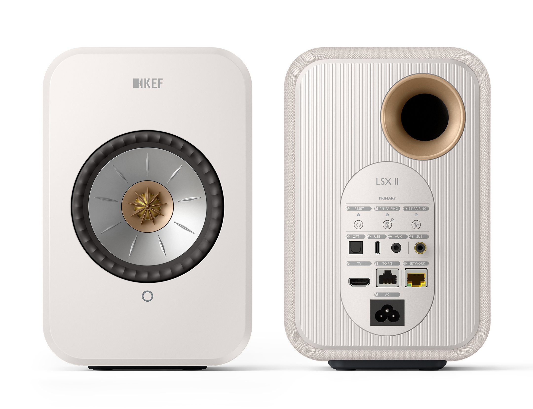 KEF LSX II Wireless Powered Bookshelf Speakers in Cotton White. Front and back