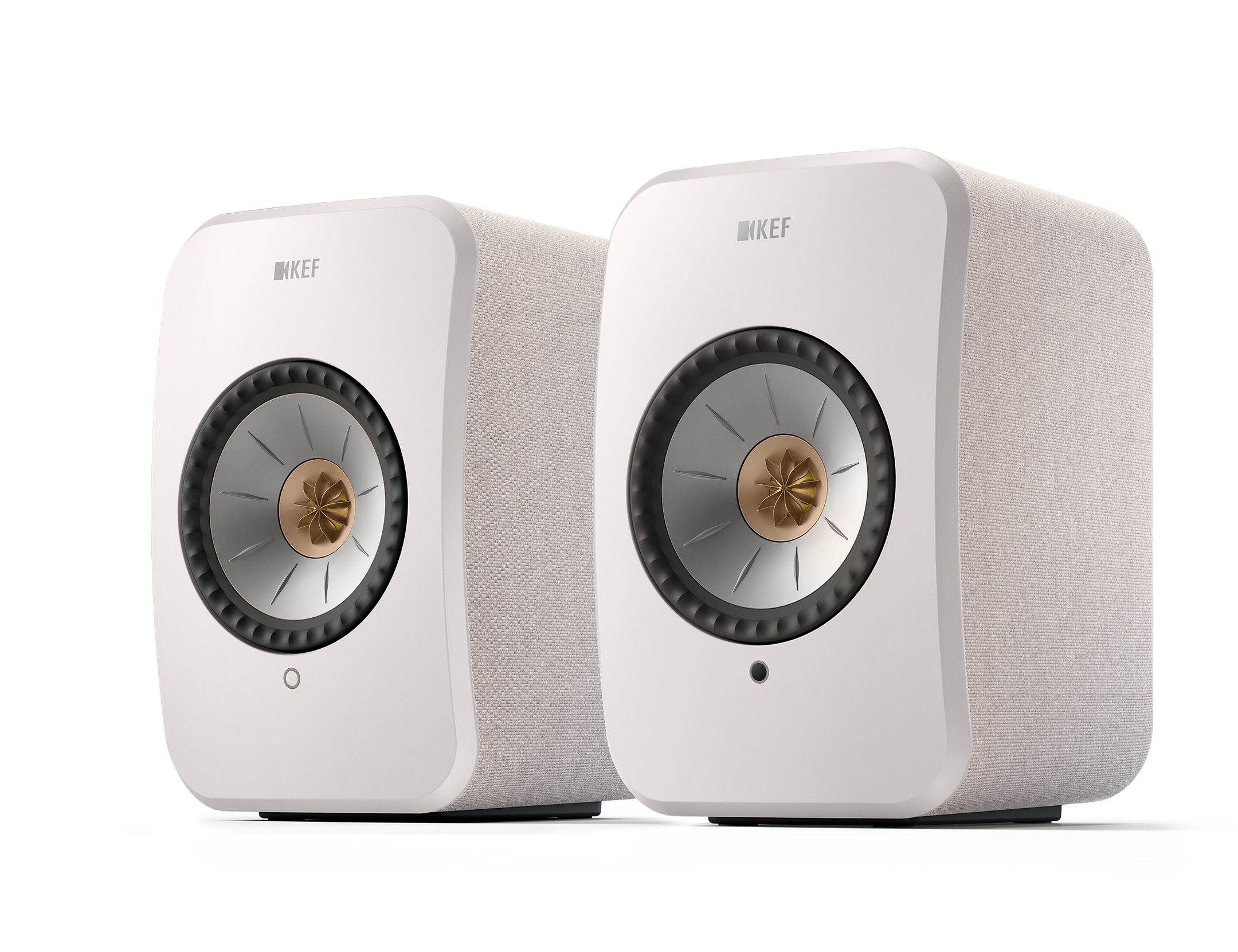 KEF LSX II Wireless Powered Bookshelf Speakers in Cotton White. Front, angled