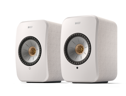 KEF LSX II Wireless Powered Bookshelf Speakers in Cotton White. Front, angled